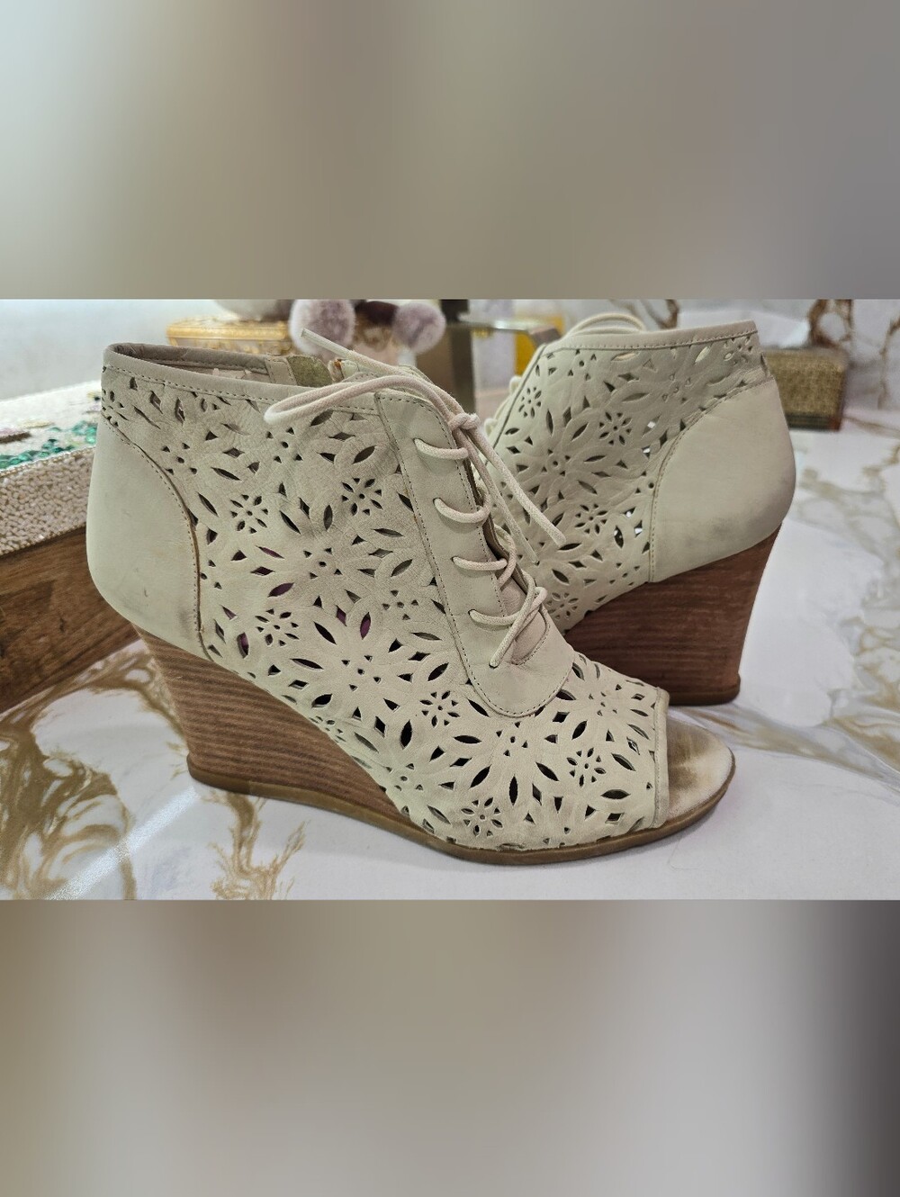 Ralph Lauren Laser-Cut Lace-Up Wedge Sandal in Cream